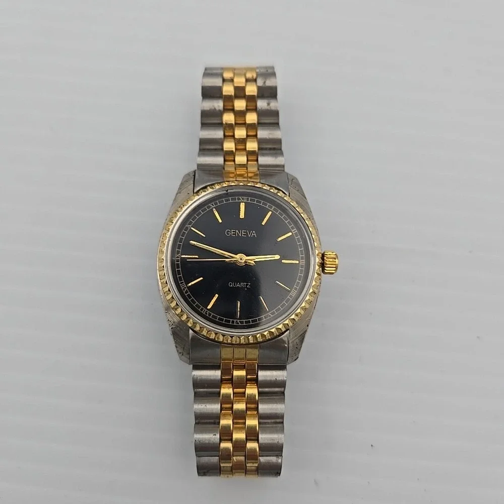Geneva Womens Fancy Gold/Silver Three Hand Fashion Black Dial Pretty Watch